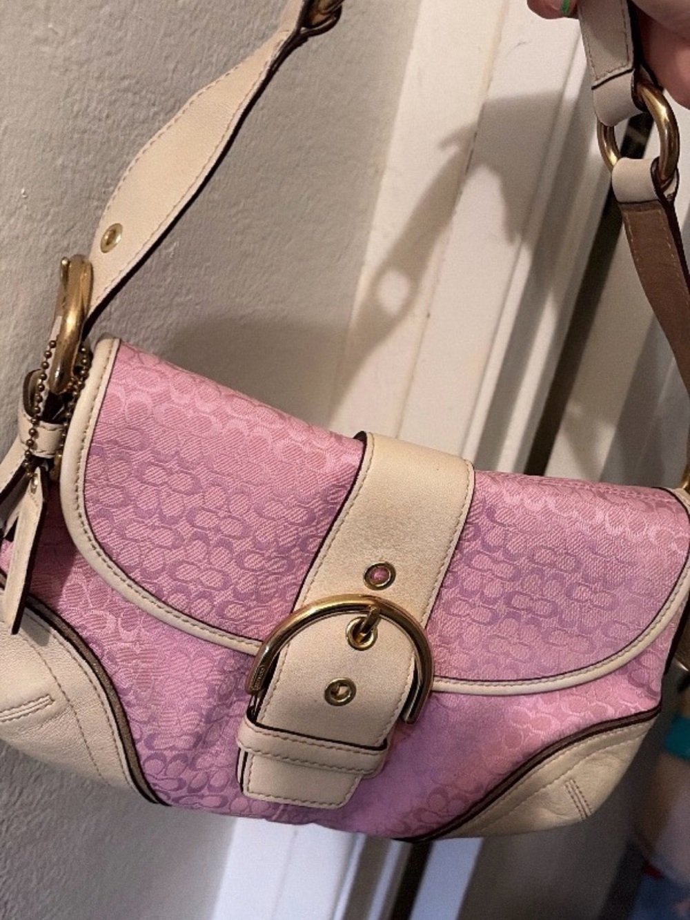 Women’s Pink Logo-Pattern Shoulder Bag with Cream Trim